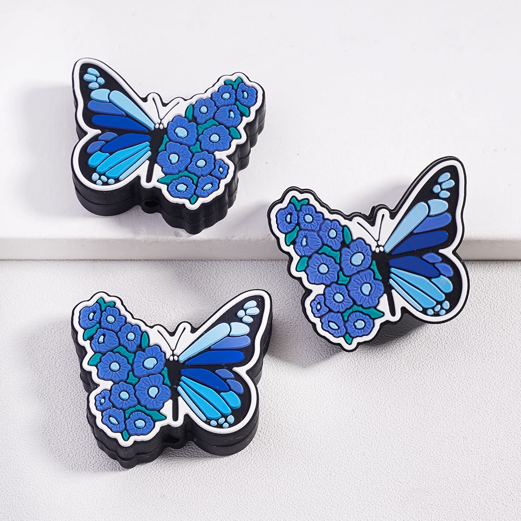 Blue Cute Butterfly with Flower Wing Designs Silicone Focal Beads