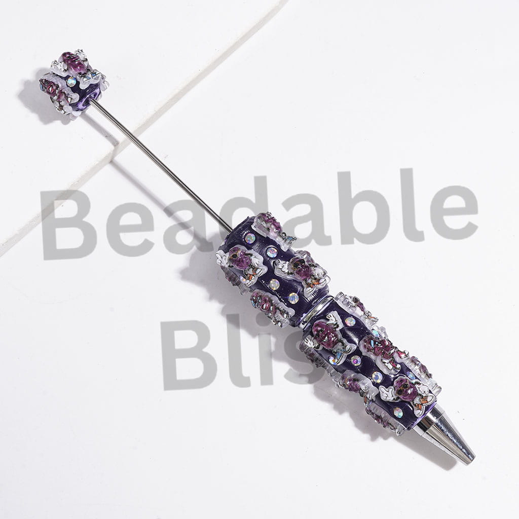 Beadable Clay Pens Various Style Purple Potato and AB Rhinestones on Dark Purple Background