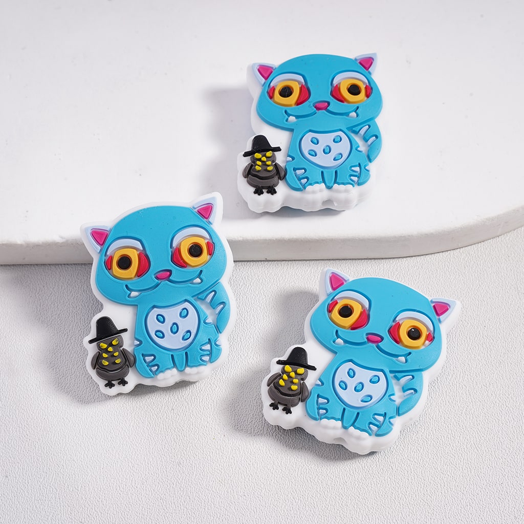 Cute Blue Cat & Black Bird with Hat Halloween Style Silicone Focal Beads