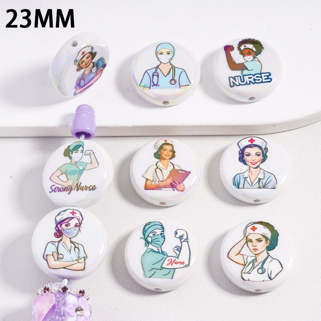 UV Finish Doctor Nurse Medical Character Series Double Sided Print Flat Round Acrylic Beads Random Mix, 23MM