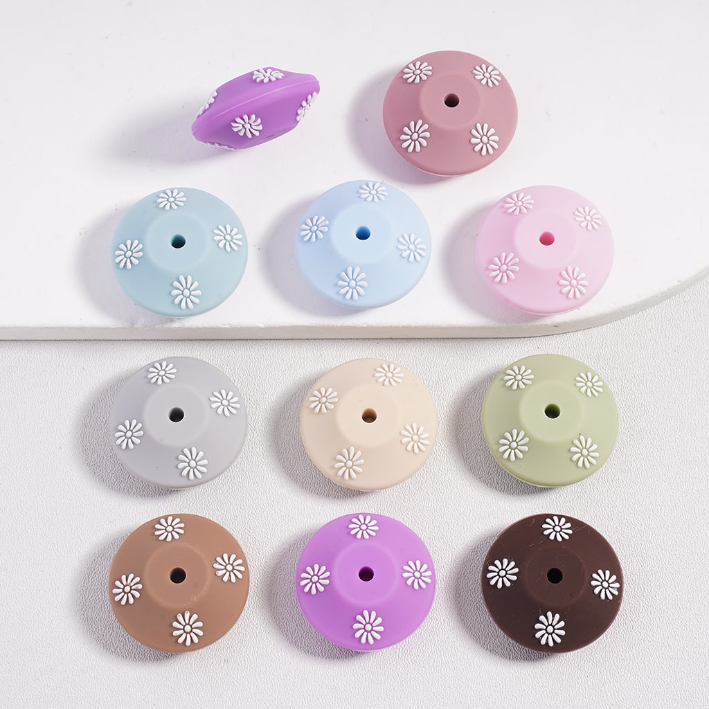 Lentil Saucers with White Flowers Print Silicone Spacers Beads Random Mix, 21MM