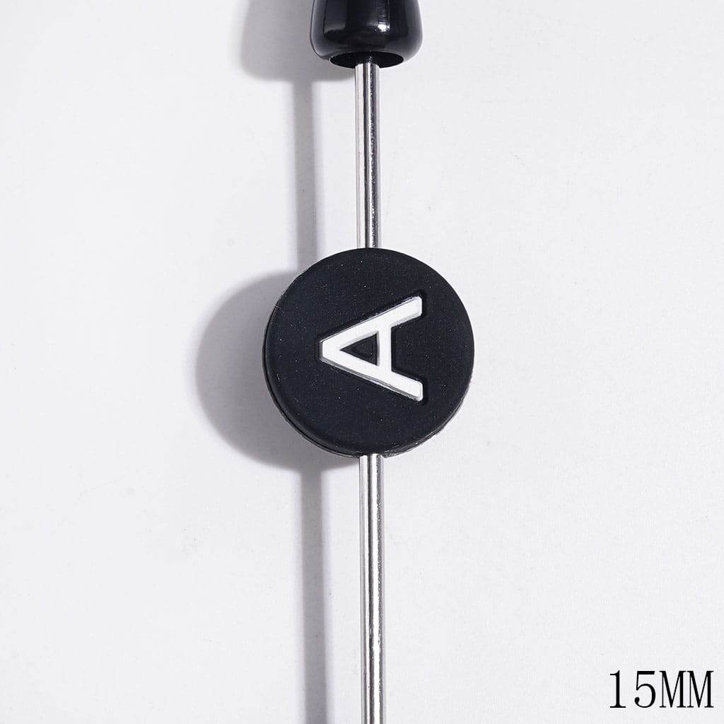 Silicone Letter Beads, 15MM, Black Flat Round Shape, Random Mix (The Hole is Horizontal, Not Vertical)