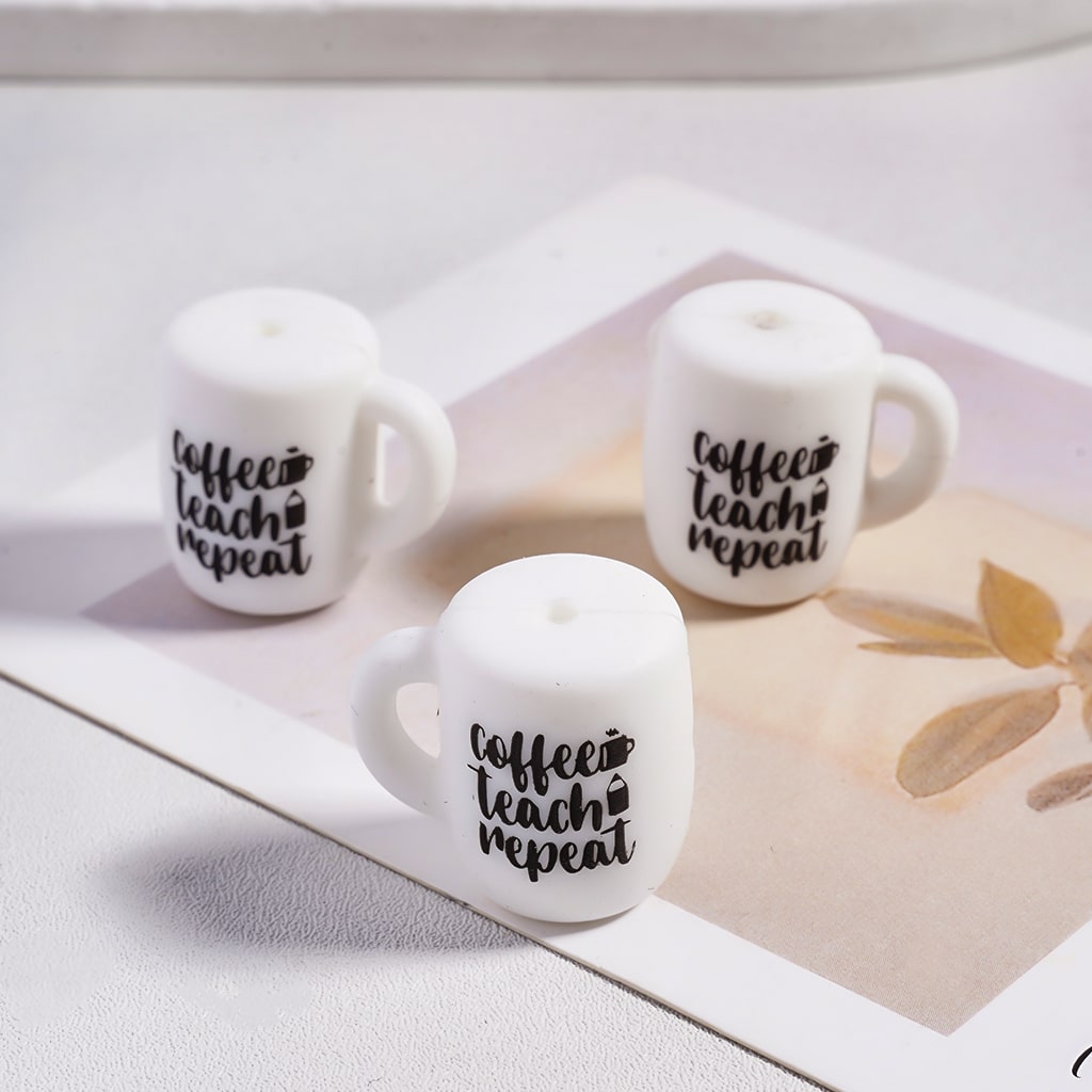 3D Coffee “Teach Repeat” Cute White Coffee Cup & Bottle Design Silicone Focal Beads