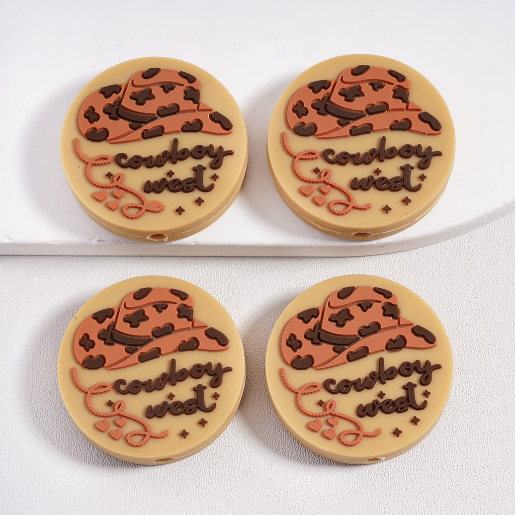 Cowboy West Text Hat Brown Hearts Stripe Round Silicone Focal Beads