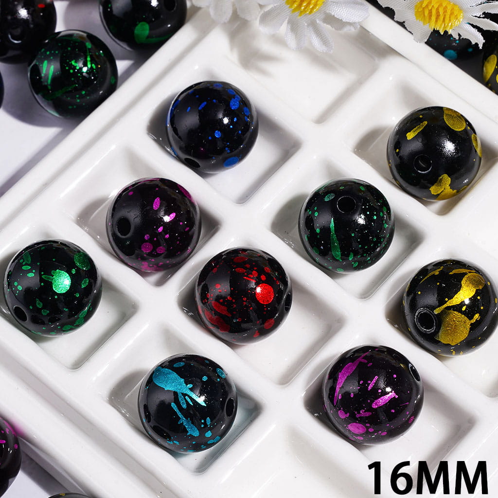 Glitter & Splash-Ink Spots Effect Black Acrylic Beads for Bracelets & Necklaces, Colorful Paint Design, 16MM, Multicolor, Random Mix