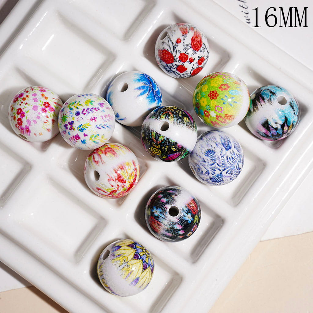 Vintage Chinese-Inspired Flower & Star Print Acrylic Beads for Bracelets, Traditional Pattern Design, 16MM, Multicolor, Random Mix