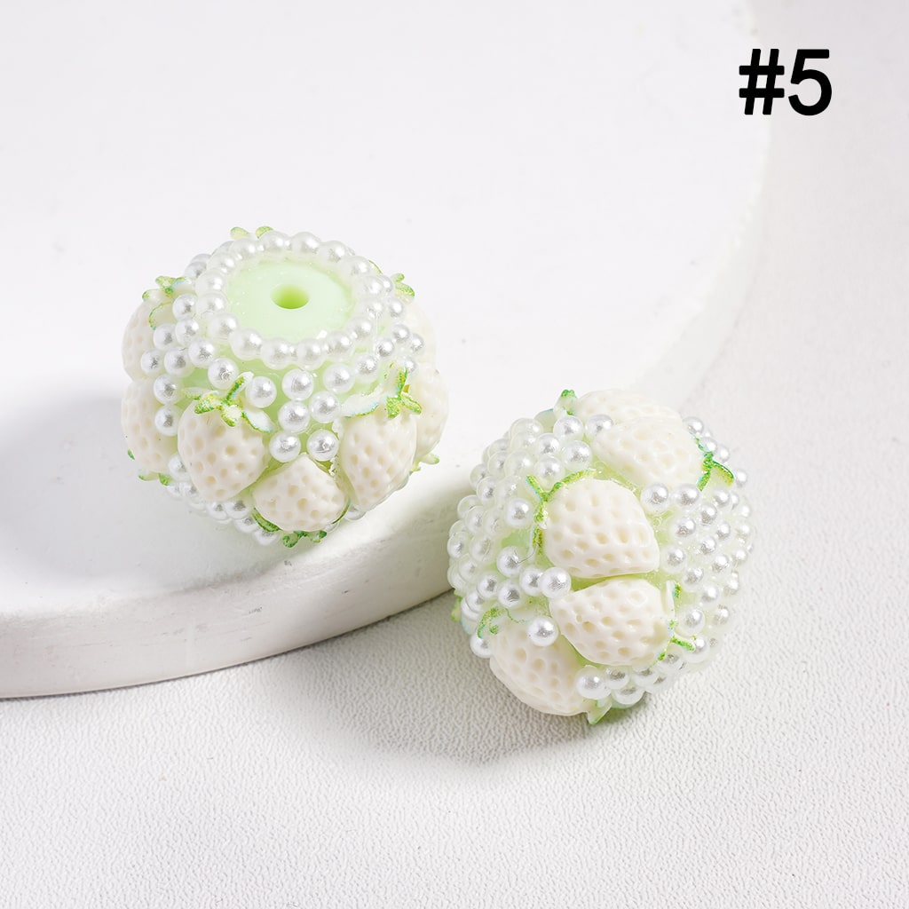 Multi Color Strawberry Design with White Pearl Accents, Round Acrylic Beads 20MM