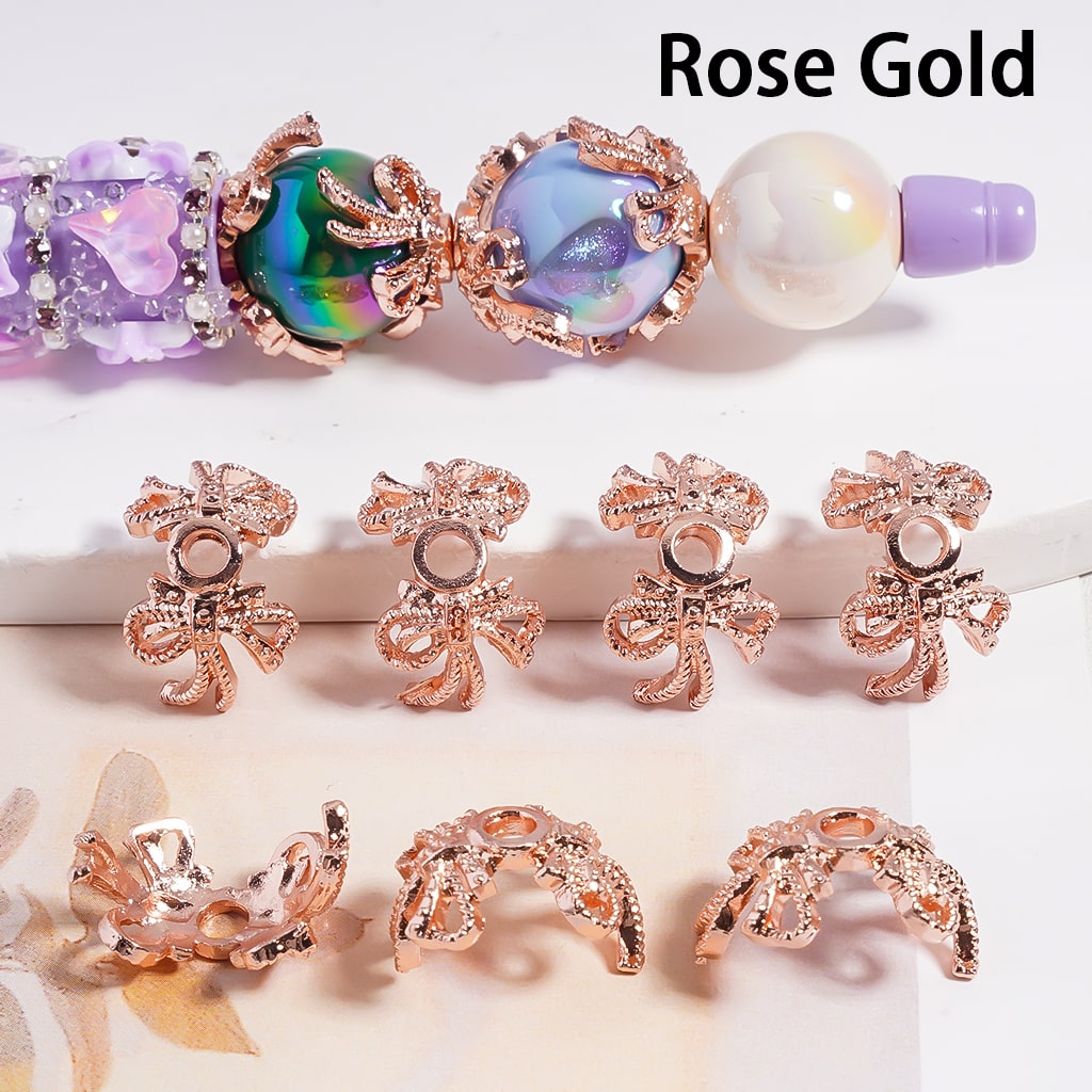 Fancy Bead Cages with Bowtie, Alloy Bead Cap (They Fit 16MM Beads), Silver & Rose Gold