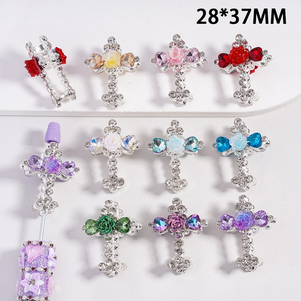 Silver Fancy Cross Metal Bead Clear Rhinestones & Rose Flower 28*37MM, Random Mix