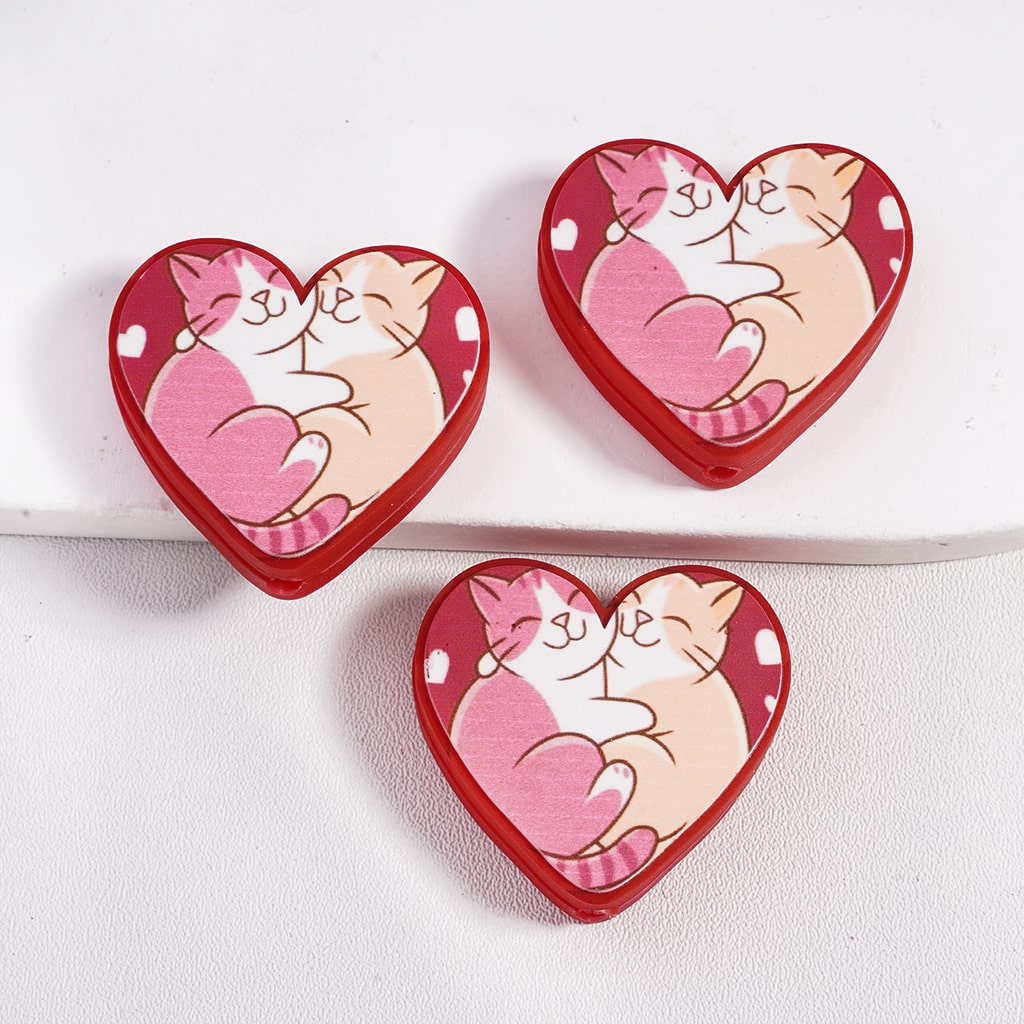 Silicone Focal Beads with Lovely Cat Hugging Each Other, Heart Shape, Valentine's Day Style