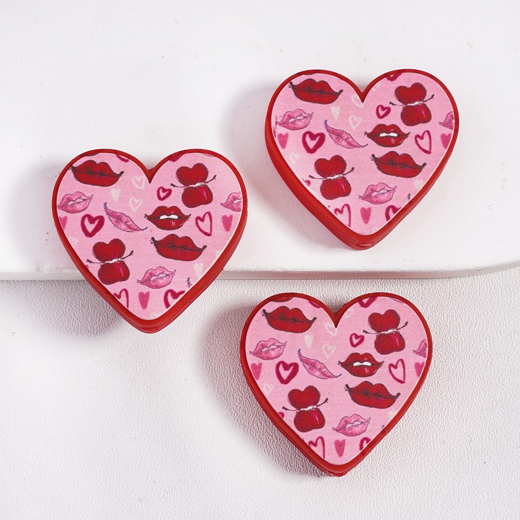 Lips & Tiny Hearts Print Heart Shape Valentine’s Day Theme Silicone Focal Beads