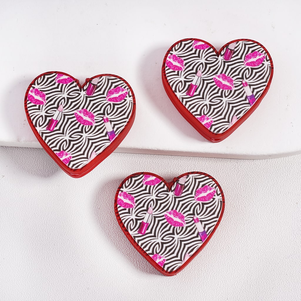 Heart Shape Design Lip and Lipstick Prints on Black Stripes Valentine's Day Silicone Focal Beads