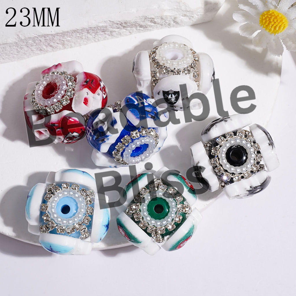 Handmade Acrylic Beads with American Football Helmet, Clear Rhinestone and White Pearl Chains, 23MM Random Mix Multi-Color