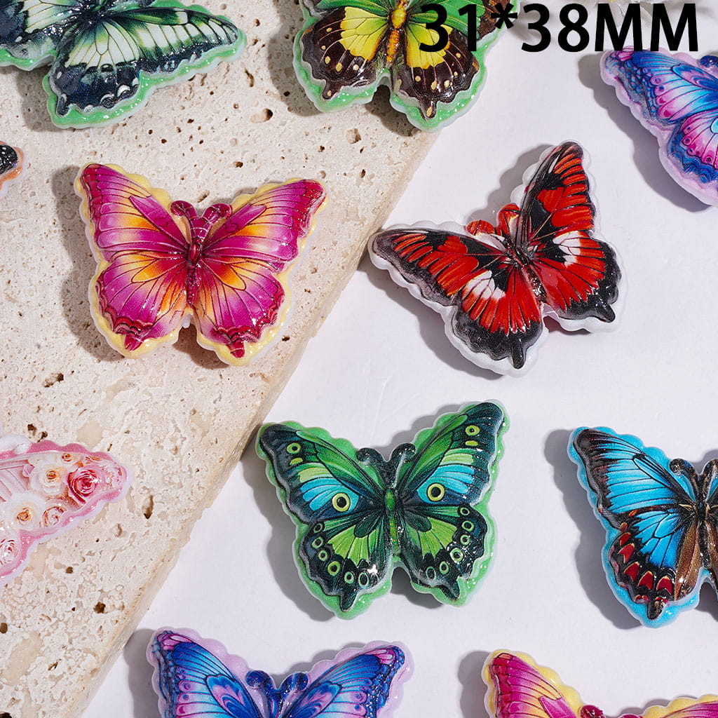 Vibrant Butterfly Design with Assorted Textured Details Acrylic Beads, 31*38MM, Multi-Color, Random Mix
