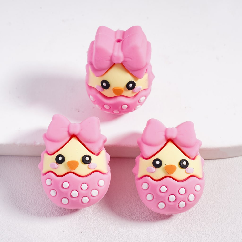 3D Pink & Yellow Hatched Chick with Bowtie & Polka Dots Silicone Focal Bead