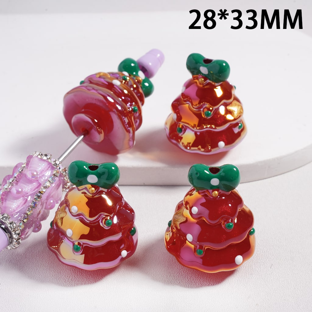 Colorful glass beads shaped like lollipops on a white background with dimensions '28*33MM'.
