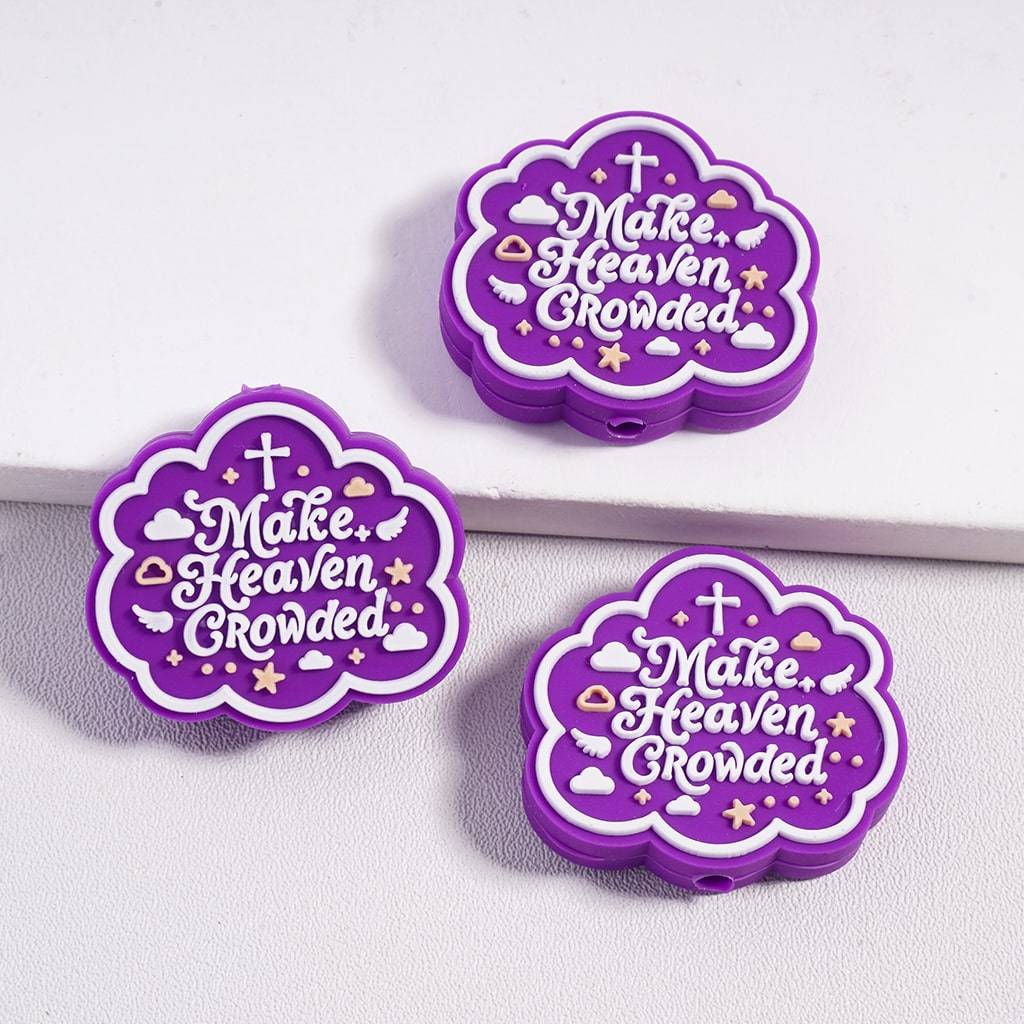 Purple Silicone Focal Beads with "Make Heaven Crowded" Text, Cross, Wings, Star & Cloud Designs