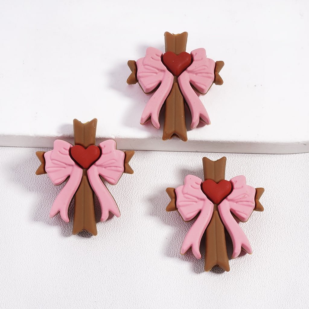 3D Charming Brown Cross with Pink Bow & Red Heart Silicone Focal Bead