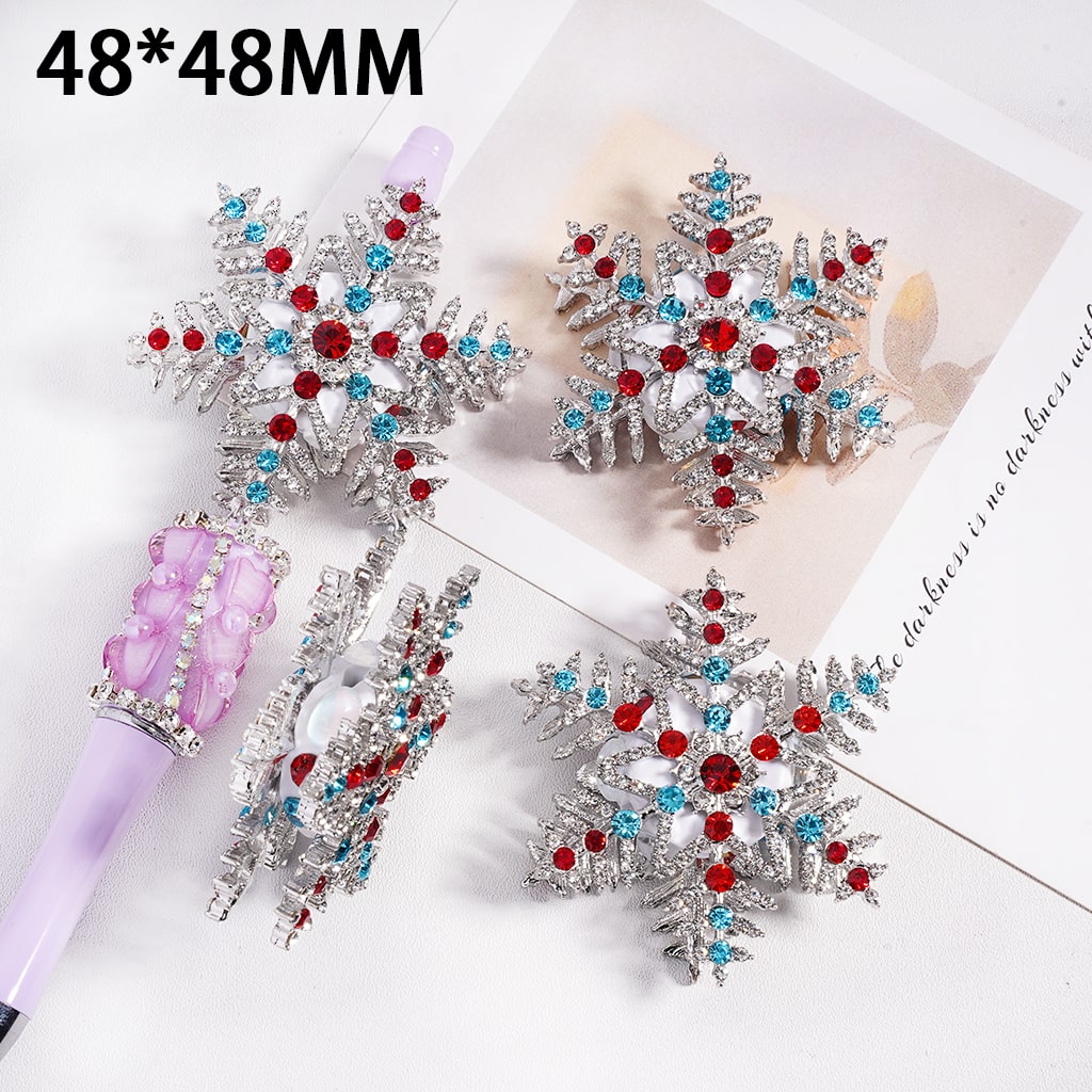 Christmas Snowflake Charm Fancy Silver Metal Clay Bead with Clear Red Blue Rhinestones 48*48MM