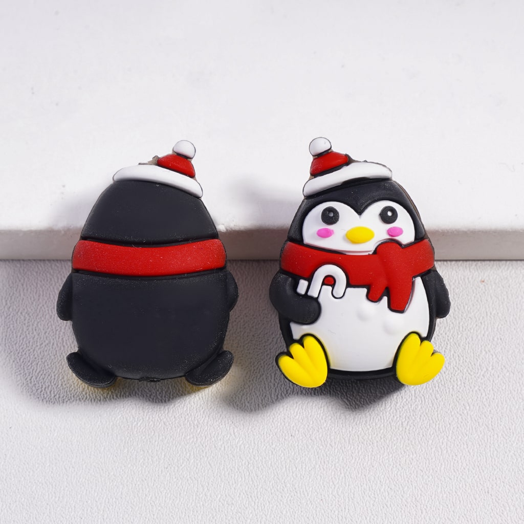3D Christmas Theme Cute Penguin Holding Candy Cane with Hat and Red Scarf Silicone Focal Beads