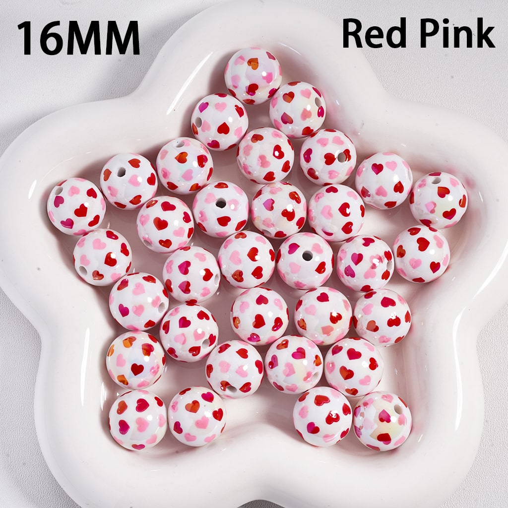 Double Color Heart Print Valentine’s Love Theme White Round Acrylic Beads 16 mm