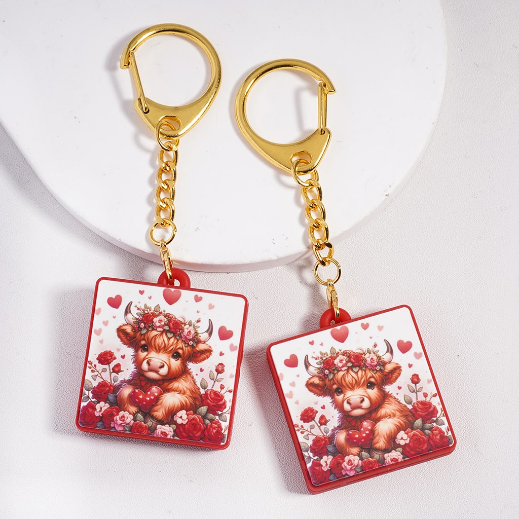 Highland Cow Holding Heart w Red & Pink Rose Flowers Valentine's Day Theme, Flat Square Shape Silicone Metal Keychain Charm with Gold Color Lobster Clasp