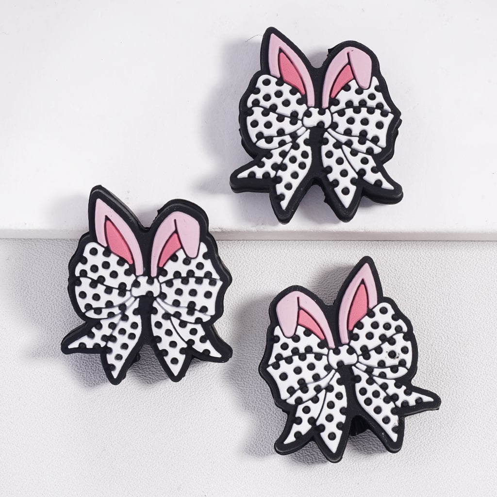 Cute Bowtie with Big Bunny Ears and Black Polka Dots Easter Theme Silicone Focal Beads