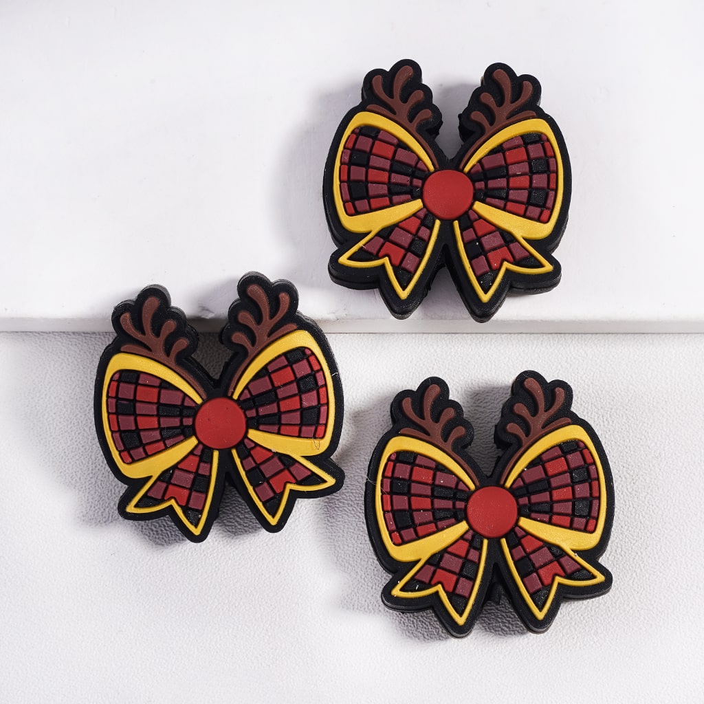 Christmas Antler Bowtie Red & Black Checkered Silicone Focal Bead