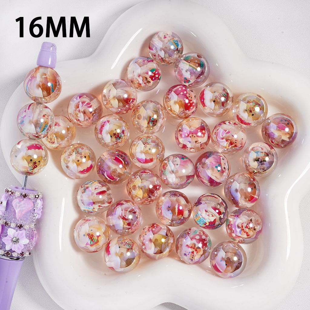 UV Coating with Christmas Series Embedded Designs Round Acrylic Beads 16 MM Random Mix