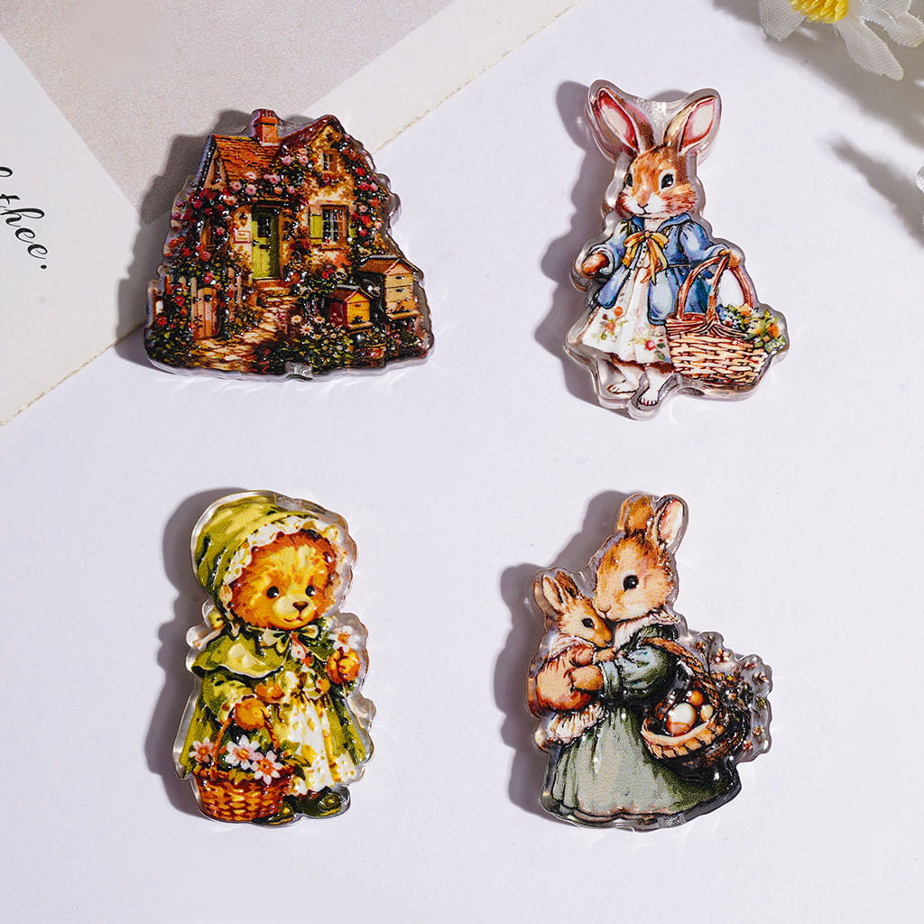 Cute Deer, Bear, Rabbit, Hedgehog, Owl & Mouse Oil-Painting Style Animal Acrylic Beads, Random Mix