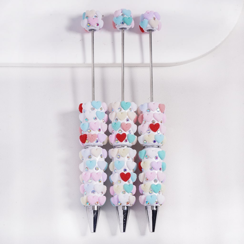 Granulated Colorful Sugar Hearts with AB Rhinestones, Valentine’s Day Theme Beadable Clay Pens