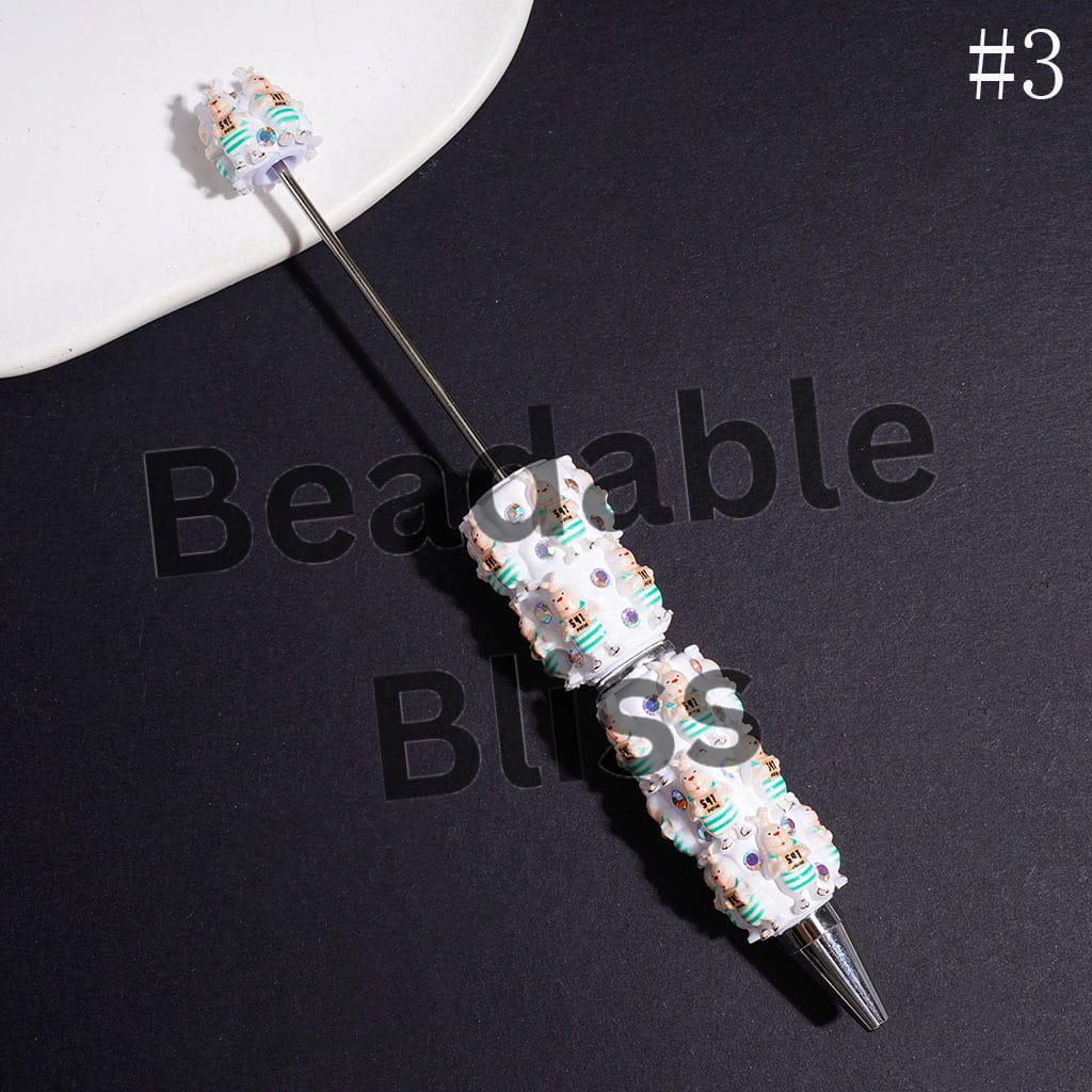 Beadable Clay Pens with Rabbit Wearing Prison Uniform and AB Rhinestone, Multi-Color