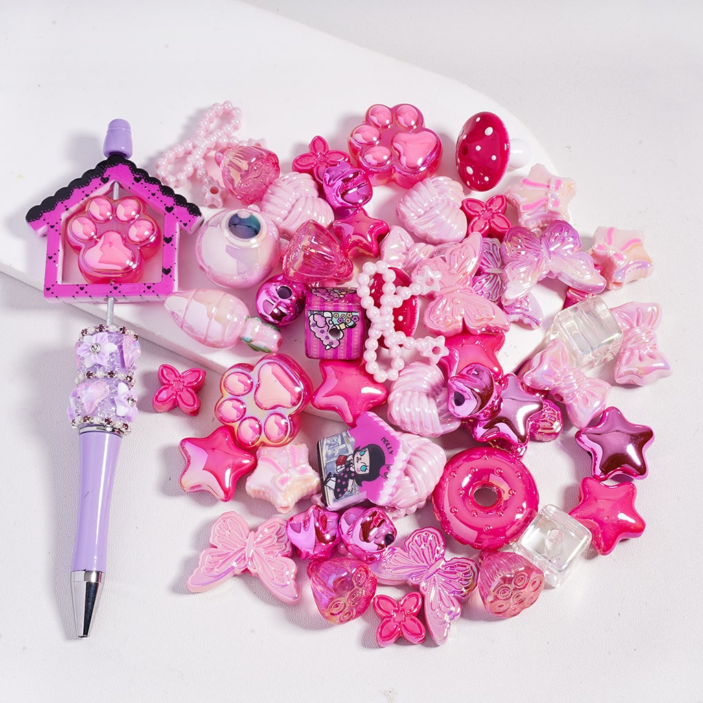 UV Coated Dazzling Pink Color Series Different Design & Shapes in Acrylic Beads Random Mix (Please Read the Description)