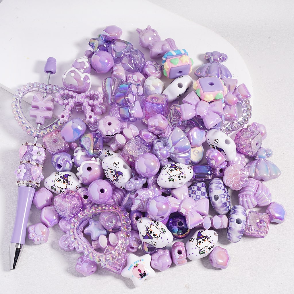 UV Coated Dazzling Purple Color Series Different Design & Shapes in Acrylic Beads Random Mix (Please Read the Description)