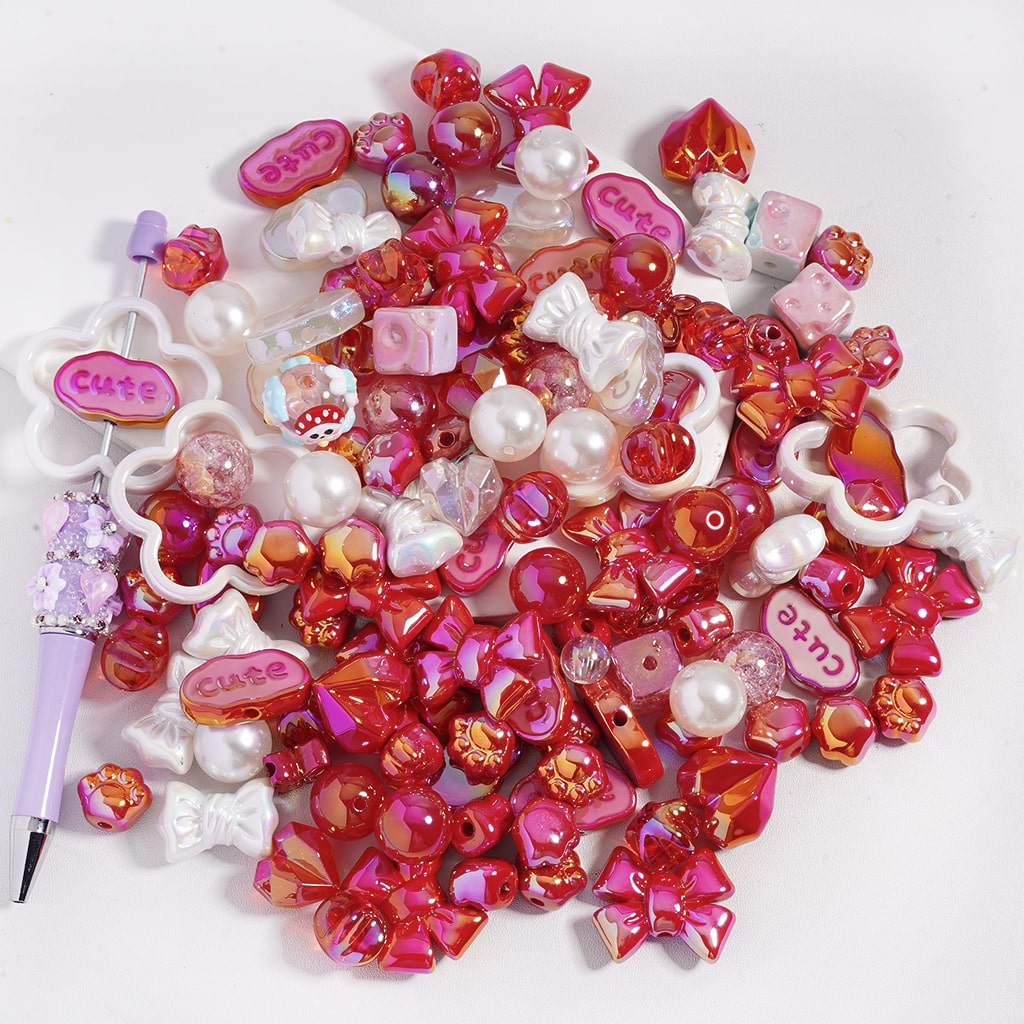 UV Coated Dazzling Red Color Series Different Design & Shapes in Acrylic Beads Random Mix (Please Read the Description)