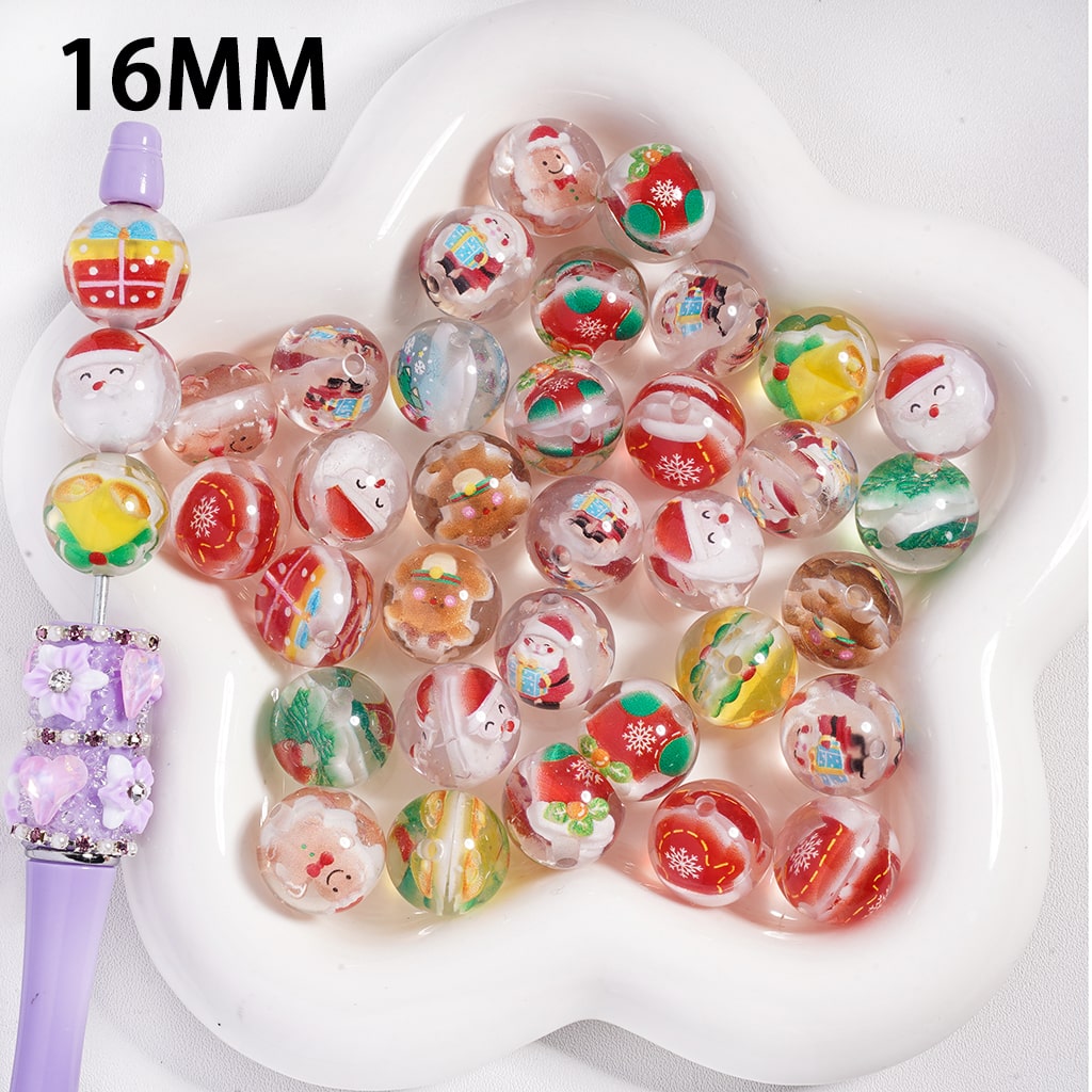 Translucent Christmas Patterns Series Embedded Round Acrylic Beads 16 MM, Random Mix