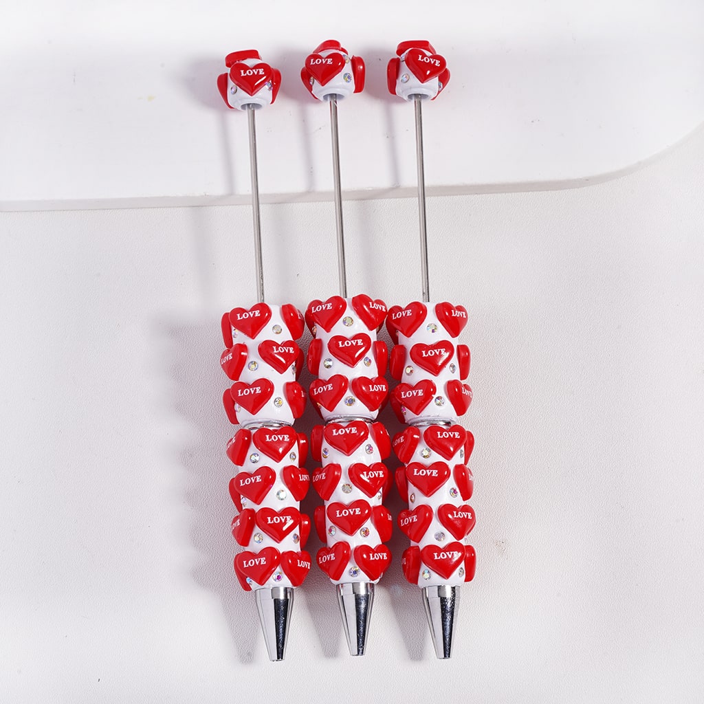 Valentine’s Love‑Theme ‘LOVE’ Text, Red Hearts & AB Rhinestones Beadable Clay Pens