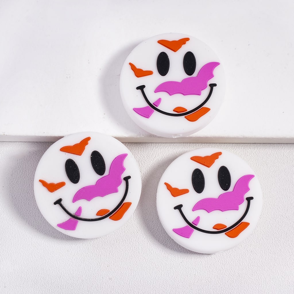 Smiling Face & Halloween Bats Flat Round Silicone Focal Beads
