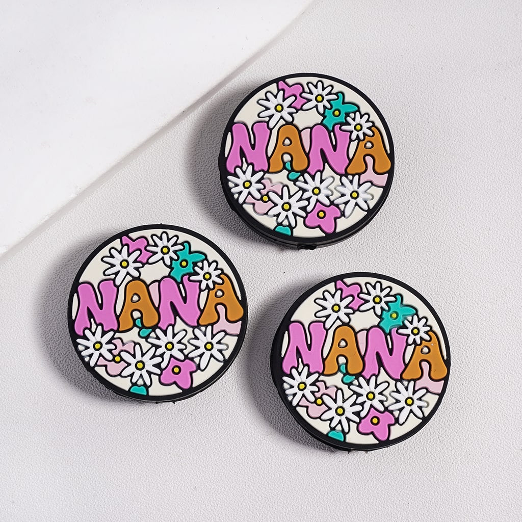 “NANA” with Flowers Floral Multi‑Color Design Flat Round Silicone Focal Beads