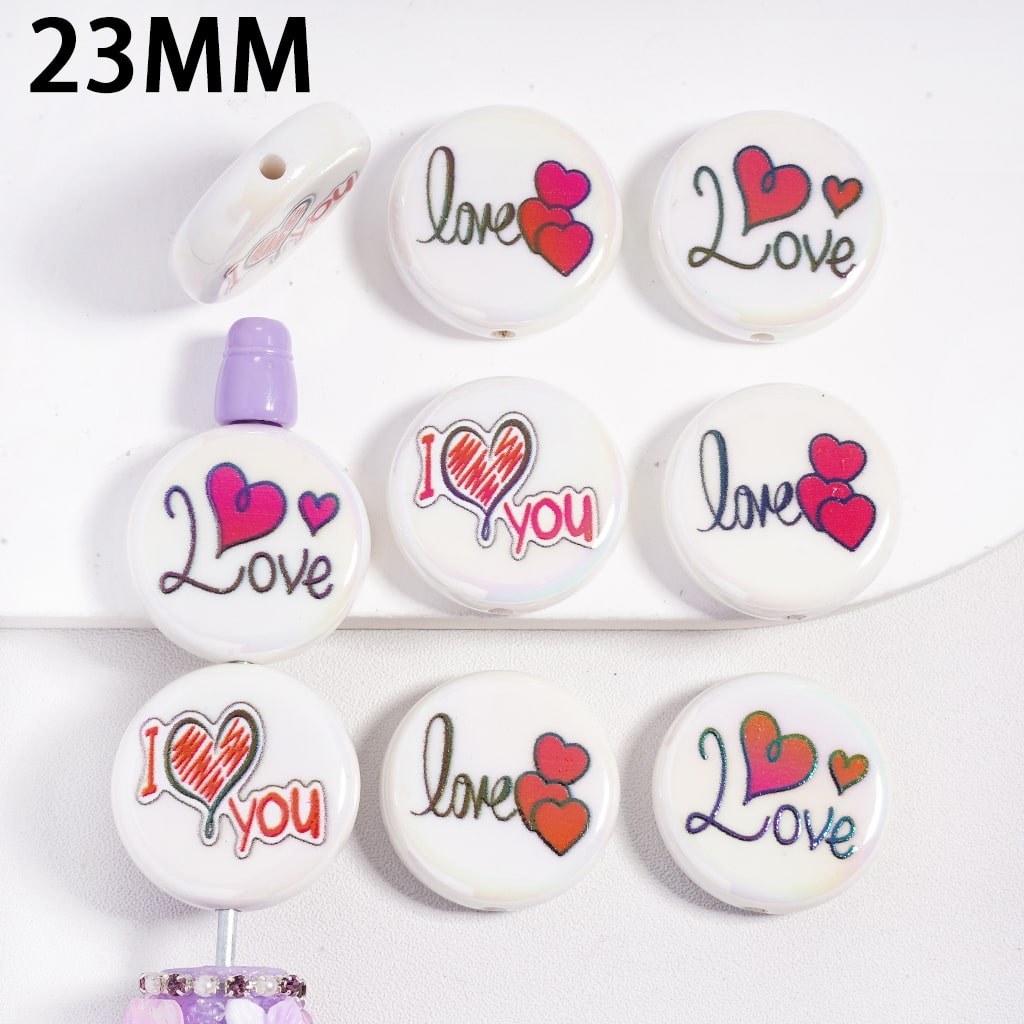 UV Coating “Love & Hearts” Double Side Prints Valentine’s Day Theme Flat Round Acrylic Beads 23MM, Random Mix