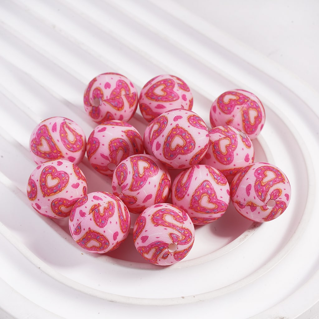 Pink Heart-Shaped Doughnut Prints Valentine's Day Style Round Silicone Focal Beads 15MM