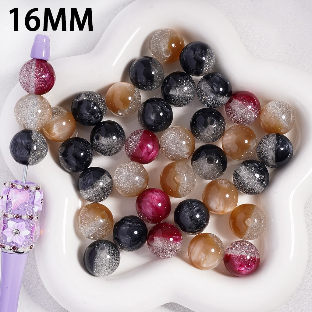 Cat Eye Style Double Color Round Acrylic Beads with Silver Glitter 16 MM Random Mix