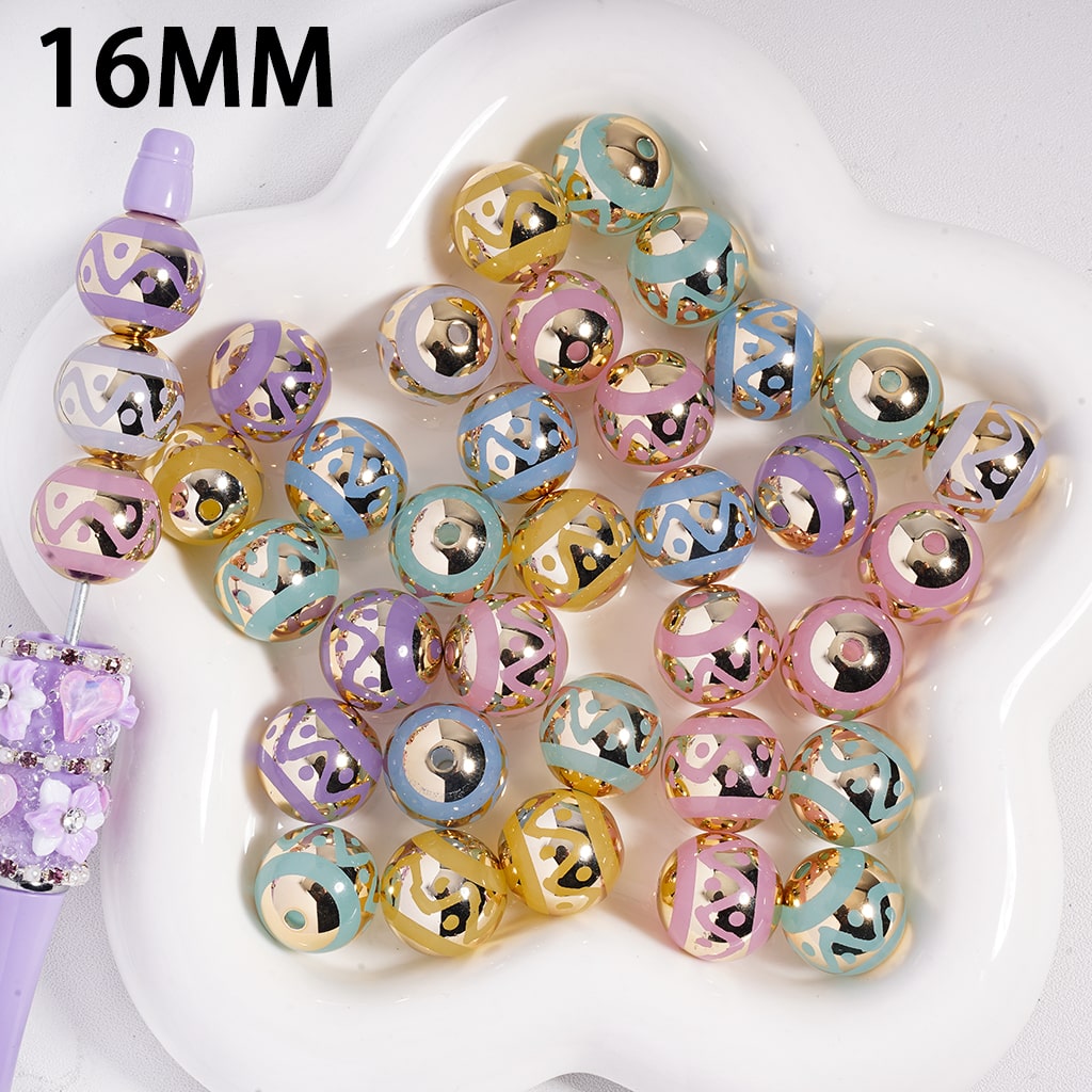 Stripes and Polka Dots Patterns Colorful Round Acrylic Beads 16MM, Random Mix