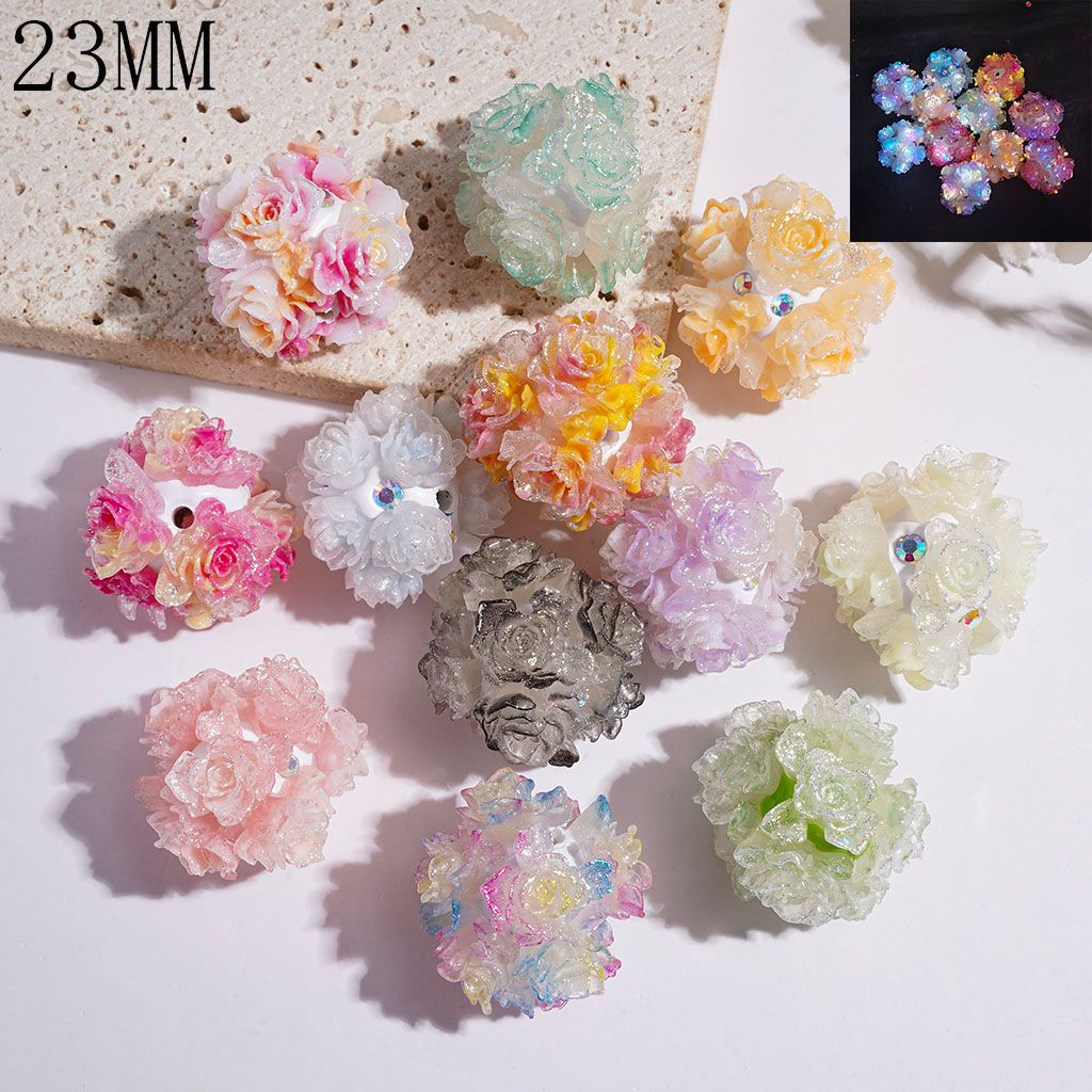 Clay Beads Luminous Glittery Flower with AB Rhinestone, 23MM Multi-Color Random Mix