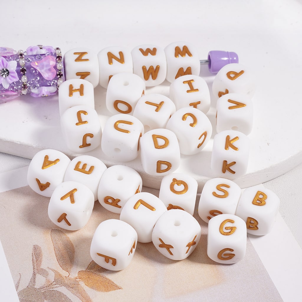 White Cube on Alphabet Letter Printed A to Z, Square Shape Silicone Focal Beads