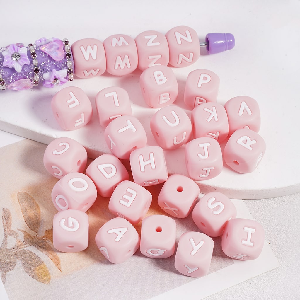 Pink Cube on Alphabet Letter Printed A to Z, Square Shape Silicone Focal Beads