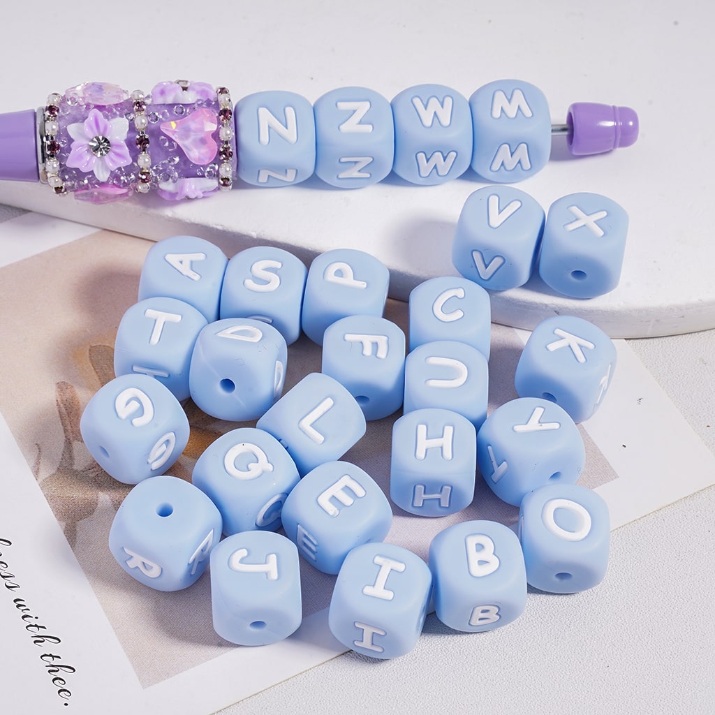 Blue Cube on Alphabet Letter Printed A to Z, Square Shape Silicone Focal Beads