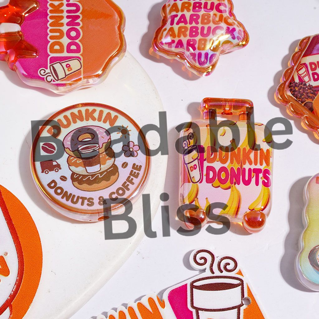 UV-Coated Acrylic Beads and Pendants Coffee Doughnut in Orange Pink Series, Random Mix
