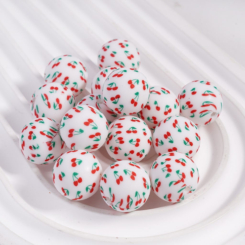 Cherry Pattern on White Background, Round Printed Silicone Beads 15 MM