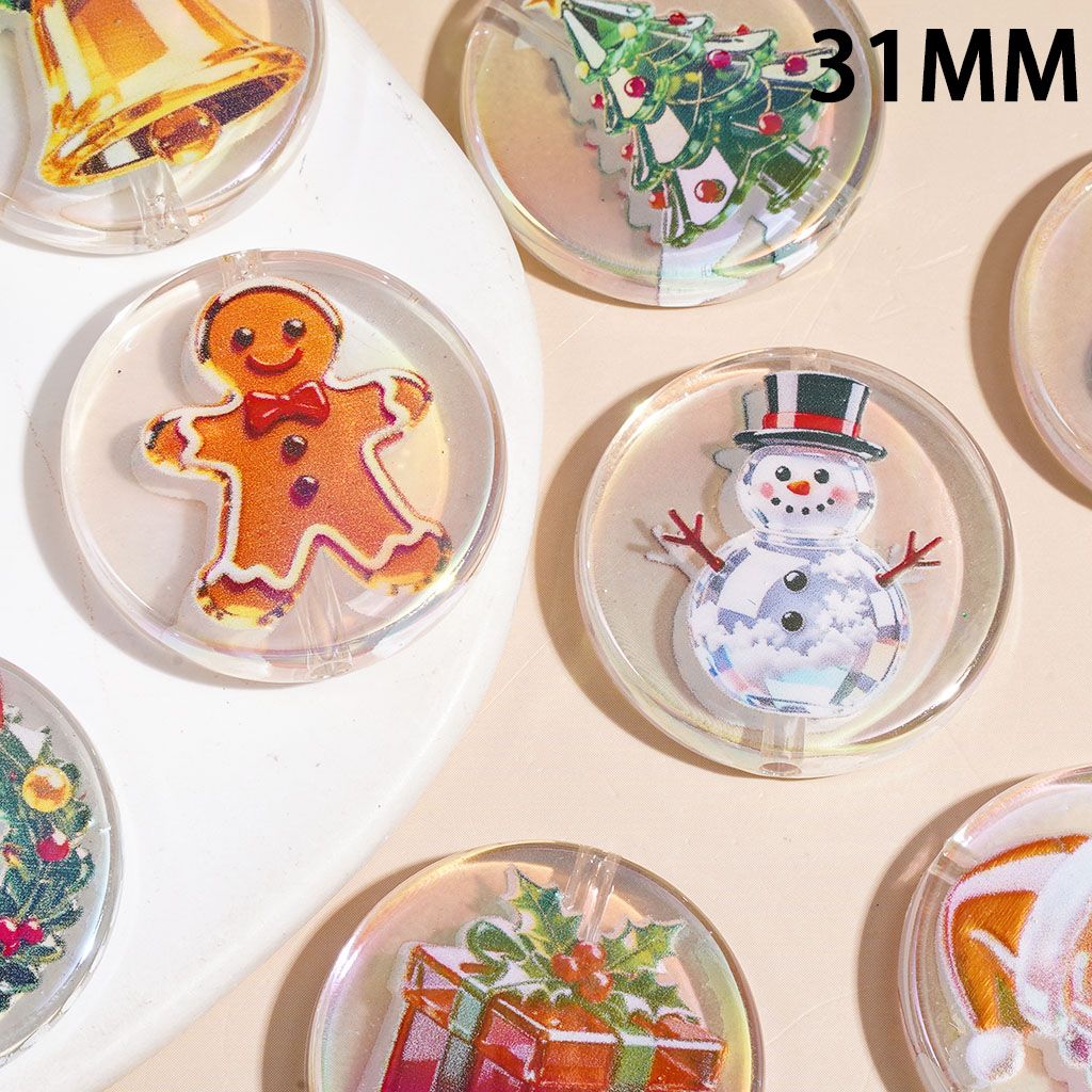 Gift Box Snowman Bell Gingerbread Man Christmas Tree Stock Wreath Santa Claus Print UV-Coated Acrylic Beads, Flat Round Shape, 31MM Random Mix